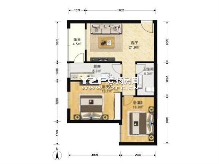 梅岭东苑 毛坯 2室2厅1卫 89平米